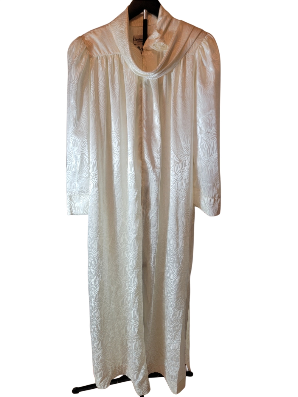 VTG Christian Dior Ivory Satin Jacquard Scarf Collar Loungewear Gown Robe M